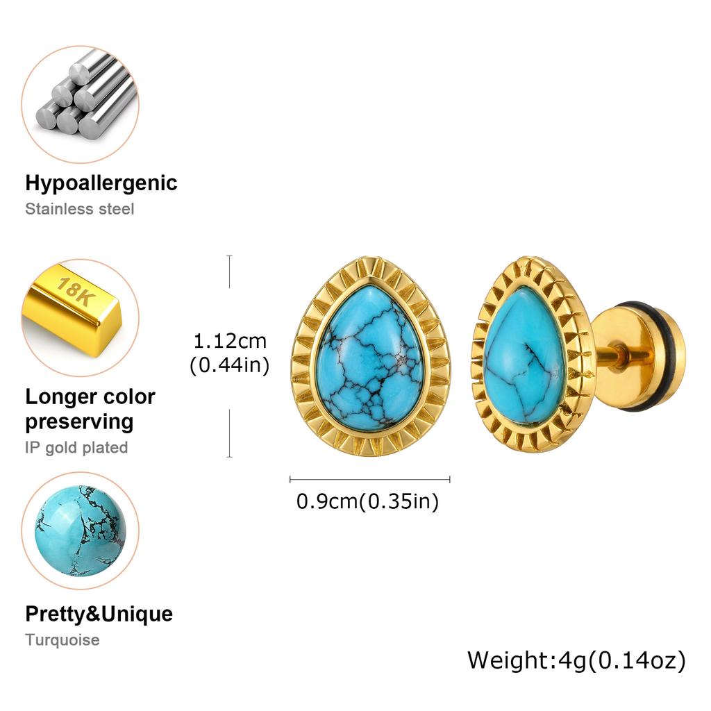 Vnox Vintage Gold Plated Water Drop Shaped Turquoise Stud Earrings, Stainless Steel Natural Stone Earrings Jewelry for Women