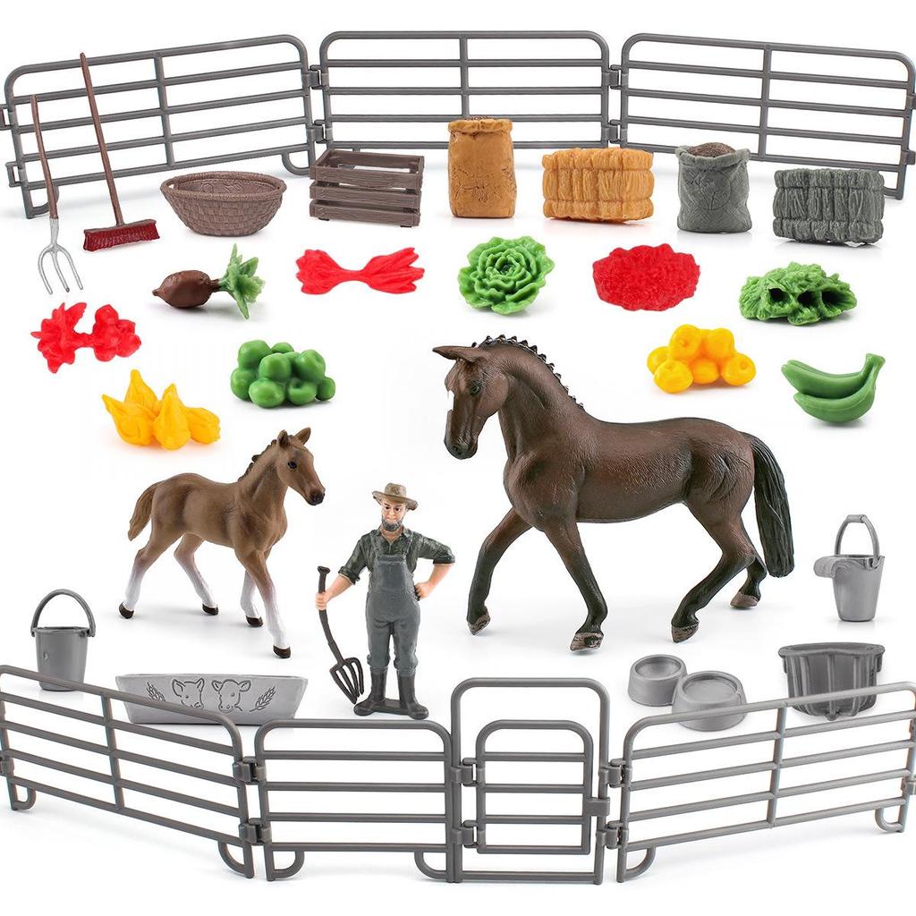 Cross-Border Children's Horse Farm Playset with Pinto Horse, Worker, Fence, Tools, Haystack, and Scene Decoration