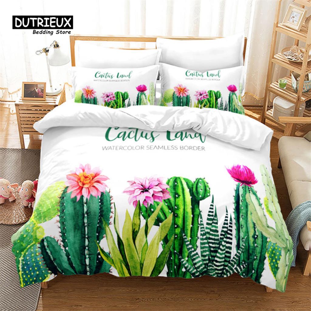 Chic Cactus Bedding Set Queen For Kids Teen Decor Cartoon Green Plants Succulents Duvet Cover Nature Art Floral Comforter Cover
