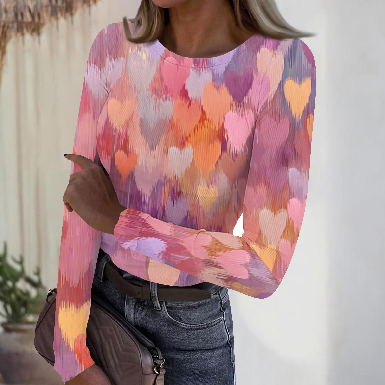 

Women s Casual And Fashionable Round,neck Long,sleeved Ribbed Top With Valentine s Day Print. M