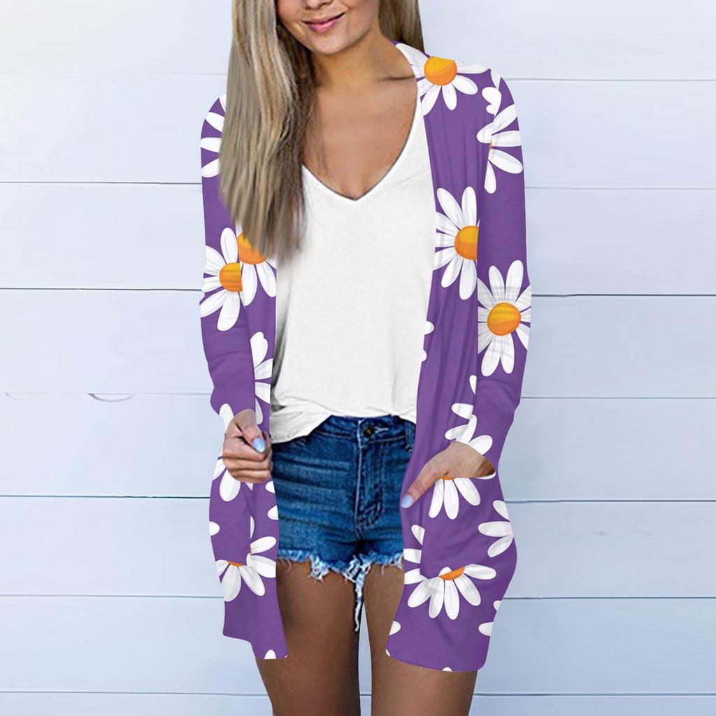 Women's Casual Fashion Floral Print Long Sleeve Mid-Length Cardigan Jacket