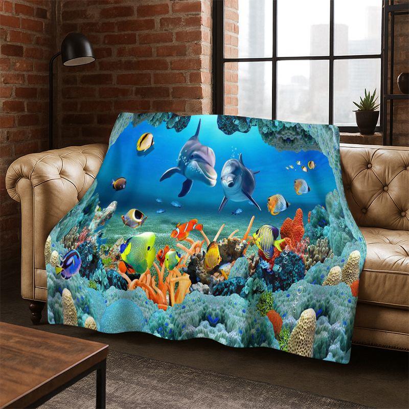 3D Illusion Underwater World Marine Life Shark Dolphin Cartoon Flannel Blanket Throw Blanket for Bedroom Living Room Bed Travel