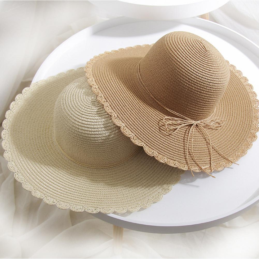 Women Summer Folding Sunscreen Wide Brim Cap with Bowknot for Seaside Beach