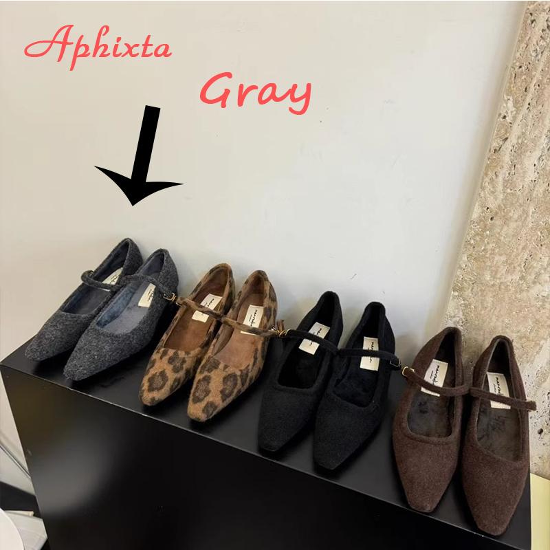 Aphixta Warm Flannel Mary Jane Shoes Leopard Sexy Party Dance Pumps Women Med Heels Buckle Pointed Toe Pumps
