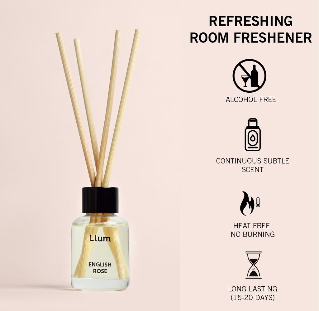 Llum English Rose 30ml Reed Diffuser Set | Premium Room Freshener for Living Room, Washroom, Bedroom, Office | Organic, Toxin Free Home Frag