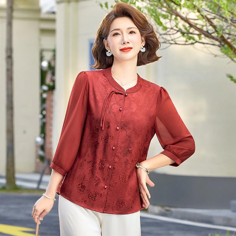 

Elegant Floral 3/4 Sleeve Top for Moms - Chinese Style, Perfect for Spring/Summer 5XL красный