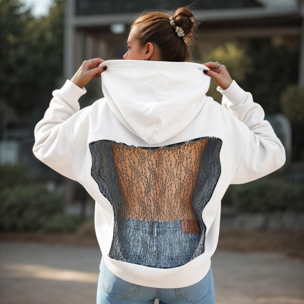 Harajuku Kapuzenpullover Damen Rückenfrei Netz-Patchwork Hoodies Streetwear Transparente Pullover Sport-Sweatshirt Tops