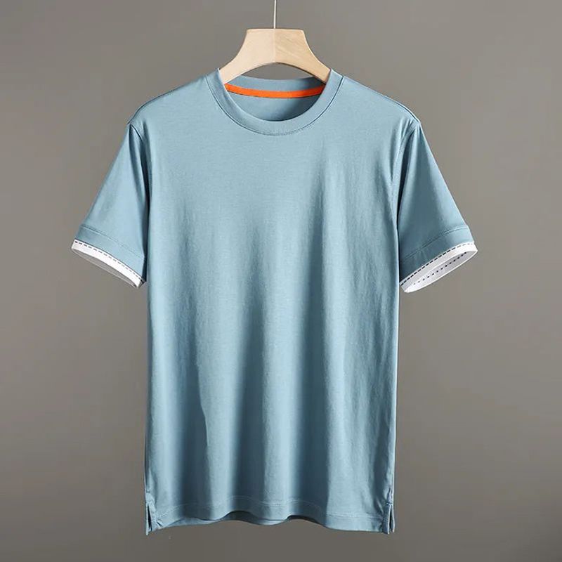 80 High-Count High-Density Liquid Ammonia Mercerized Cotton Short Sleeve T-Shirt Men s Summer Pure Cotton Export Xinjiang Long-Staple Cotton T-shirt Sea Blue M