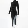 Sexy Velvet Pleated Turtle Neck Dress Women's Autumn Winter Warm Long-sleeved Slim Slit Package Hip Dresses Evening Party Gowns