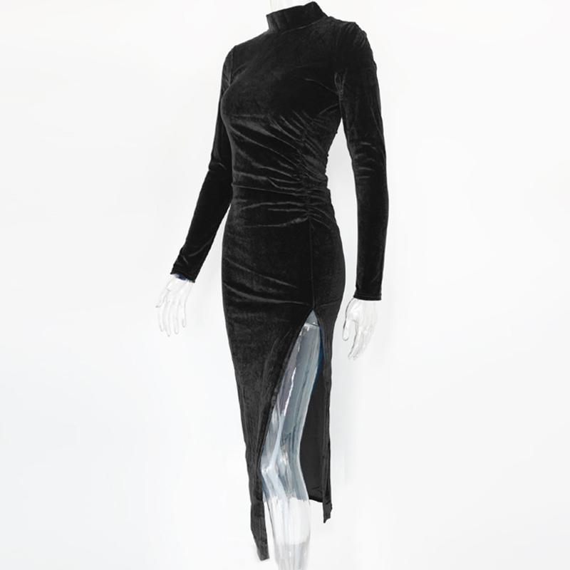 Sexy Velvet Pleated Turtle Neck Dress Women's Autumn Winter Warm Long-sleeved Slim Slit Package Hip Dresses Evening Party Gowns
