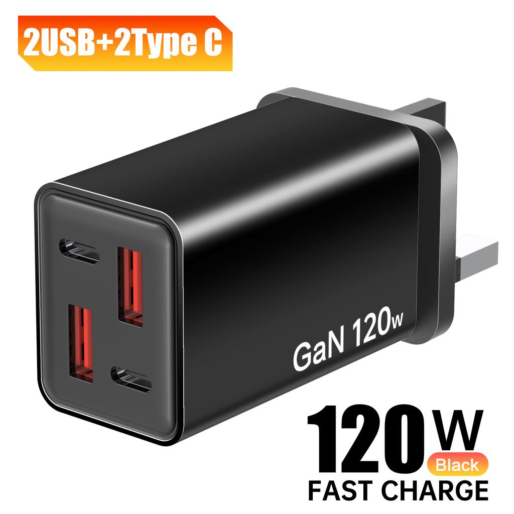 Carregador de Parede GaN USB Total 120W 4 Portas Tipo C Carregamento Rápido Adaptador de Parede 2PD 2USB Quick Charge 3.0 Carregadores de Viagem Adaptador de Carregamento