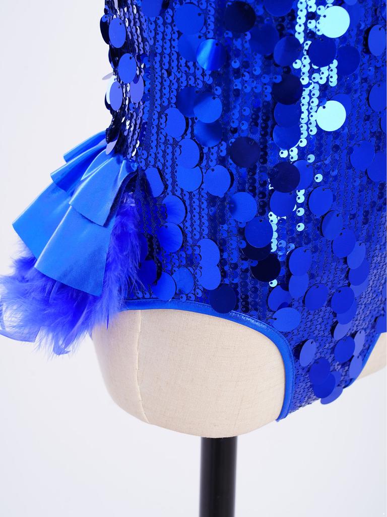 Kids Girls Dance Performance Costume Sleeveless Side Invisible Zipper Back Mesh Patchwork Feather Glittery Sequin Leotard