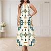 Women Plus Size Sleeveless Round Neck Triple Keyhole Cutout Black White Printed Maxi Dress