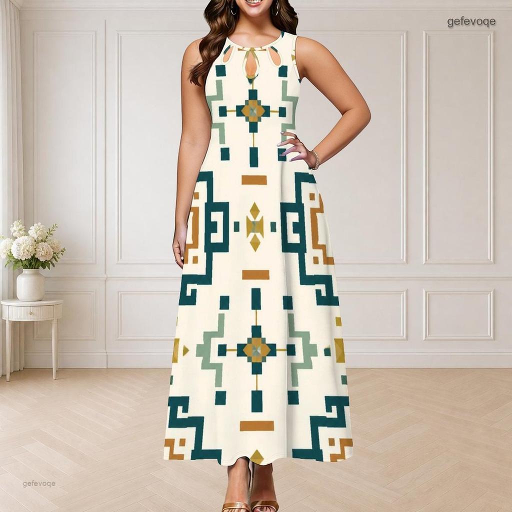 Women Plus Size Sleeveless Round Neck Triple Keyhole Cutout Black White Printed Maxi Dress