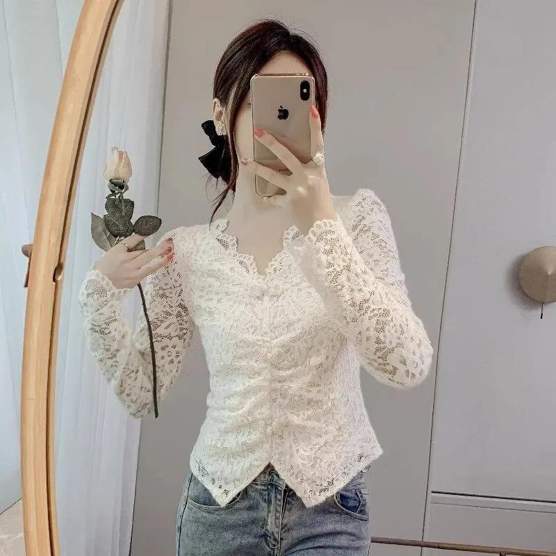 

Кружевной базовый топ для женщин, новый приталенный топ с V-образным вырезом и плиссировкой, с длинным рукавом, для ношения под одеждой s абрикосовый