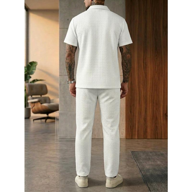 Solid Waffle Mens Casual Short Sleeve Polo Shirt And Long Pants Set