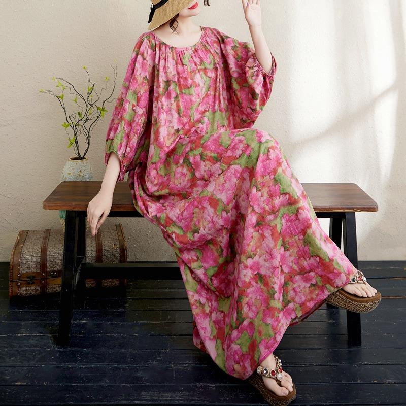 Real Shot Summer New Literary Large Size Loose Printing Round Neck Five-quarter Sleeve Dress Women's Long Dress