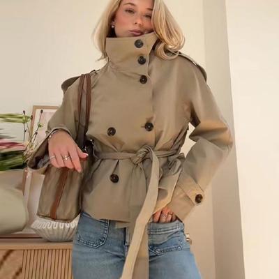Belted Waist Cropped Trench Jackets Women Double Breasted Stand Collar Coats Autumn Casual Vintage Jacket Women Jacket