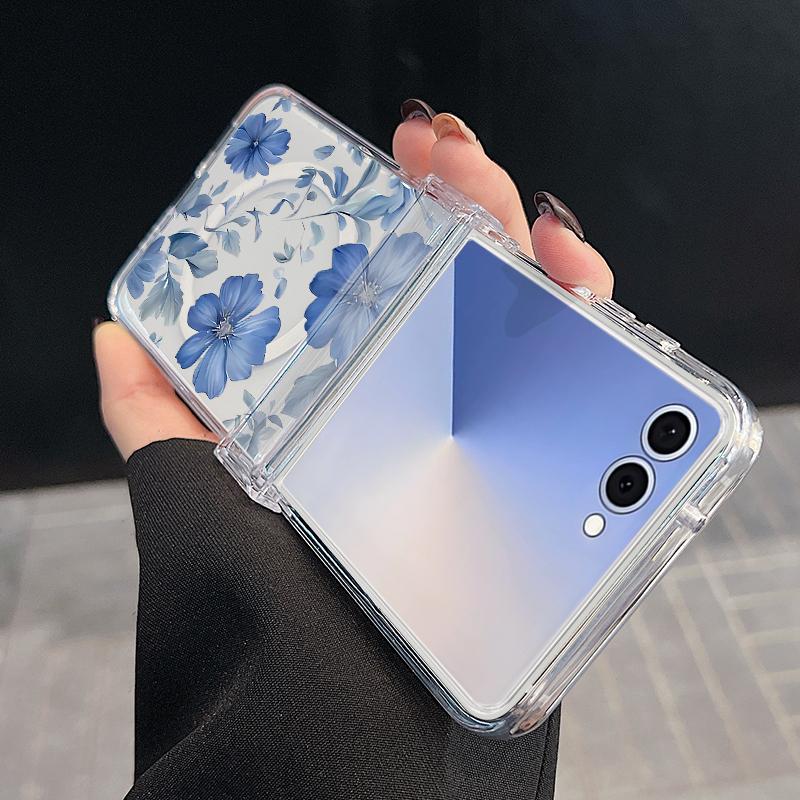 For Samsung Z Flip 7 6 5 4 Case Magnetic For Magsafe Blue and White Flowers Hinged Hard PC Folding Cover For Galaxy Z Flip7 Flip6 Flip5