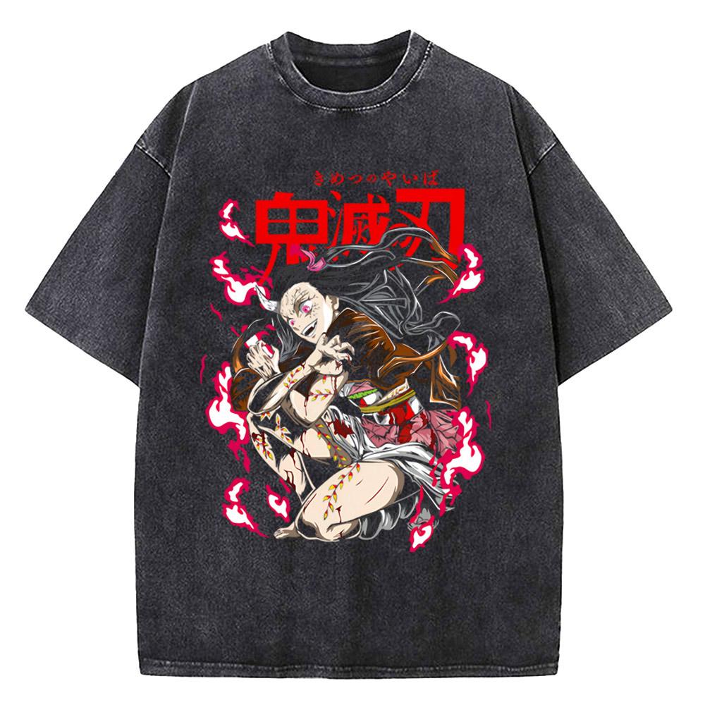 Harajuku Demon Slayer Grafik T-Shirt Herren Vintage Anime Gewaschene T-Shirts für Damen Streetwear Sommer T-Shirts T-Shirt