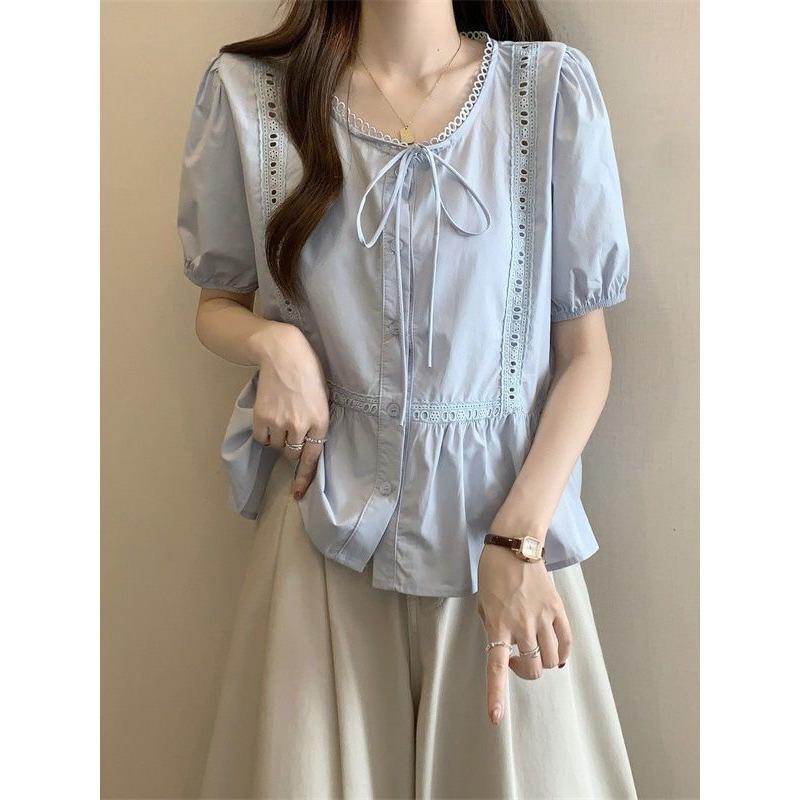 

Women s White Lace Trim Bow Tie Neck Puff Sleeve Peplum Casual Blouse S синий