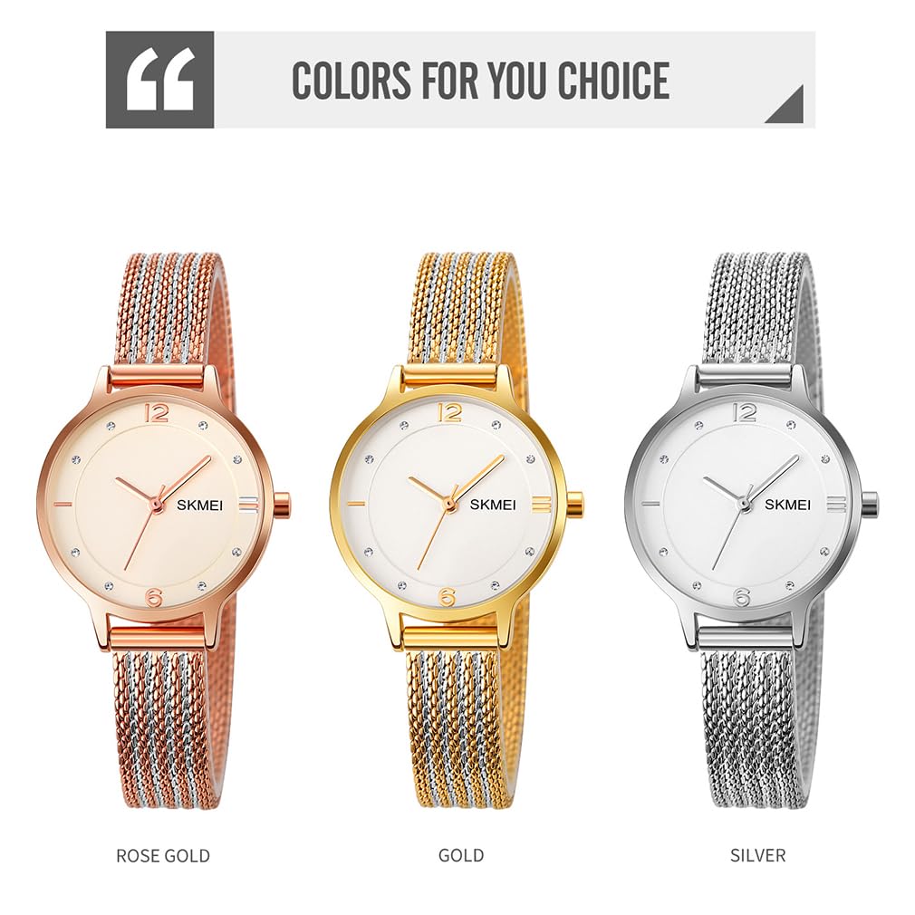 SKMEI Quartz Mesh Stainless Rose Watch Women's Wristwatch, Simple, Ultra-Thin Movement, Stylish, Waterproof, Business, Strap, Steel, White, Gold,