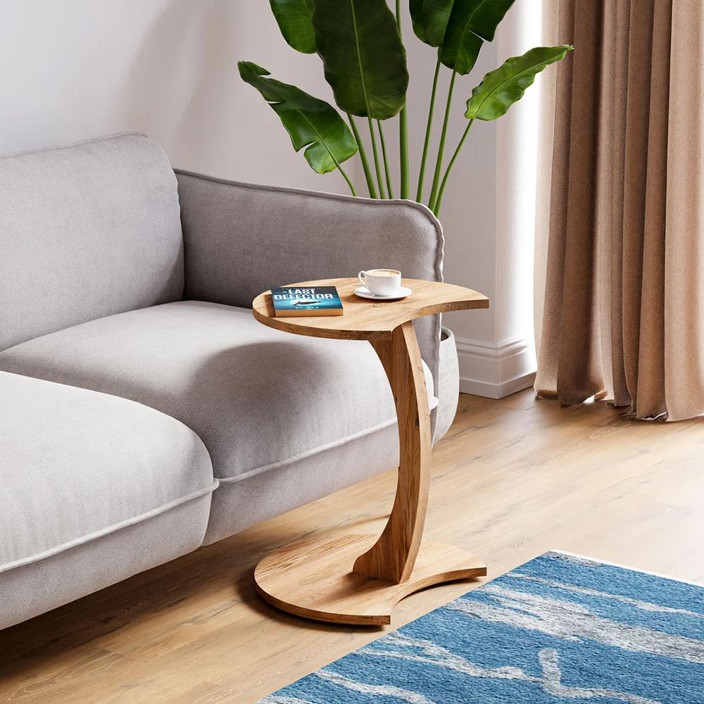 Kávový stolek ve tvaru C, Pojízdný boční stolek, Dekor Atlantic Pine, Pojízdný stolek k pohovce z dřevotřísky, Noční stolek