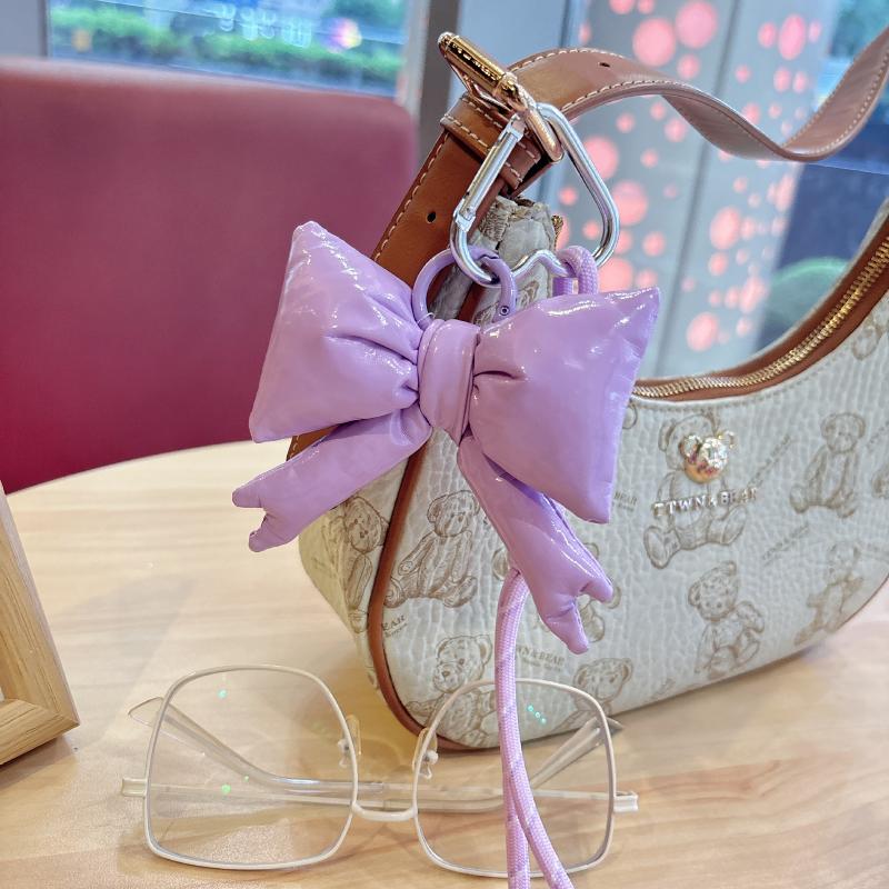 Y2K Trendy Candy Color Leather Cotton Filled Bow Keychain Sweet Bowknot Keyring Bag Pendant Backpack Hanging Decoration