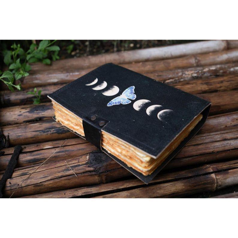 Sun & Moon Handmade Vintage Leather Journal Deckle Edge Paper, Blank Spell Book of Shadows Grimoire Journal, Gift for Him Traveling Book