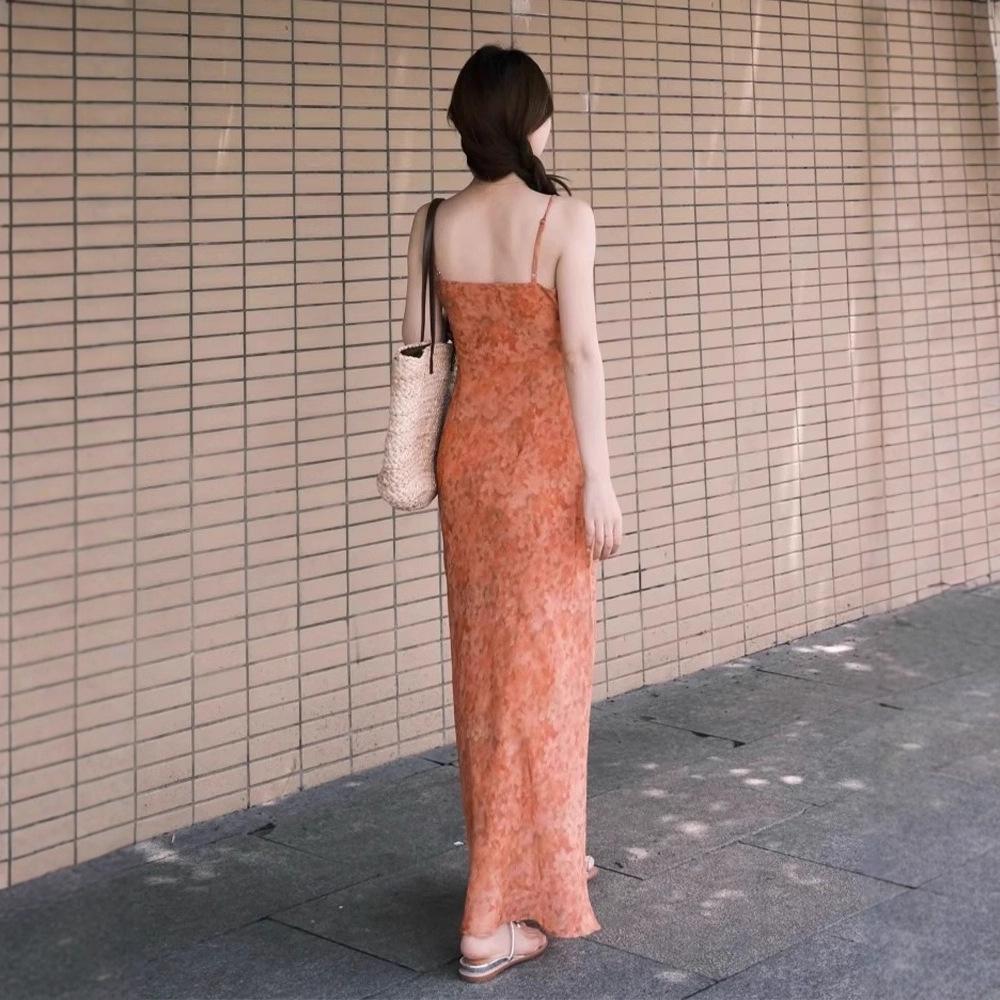 French Dopamine Romantic Floral Suspender Dress Women's Summer High-end Waist Seaside Vacation Dress