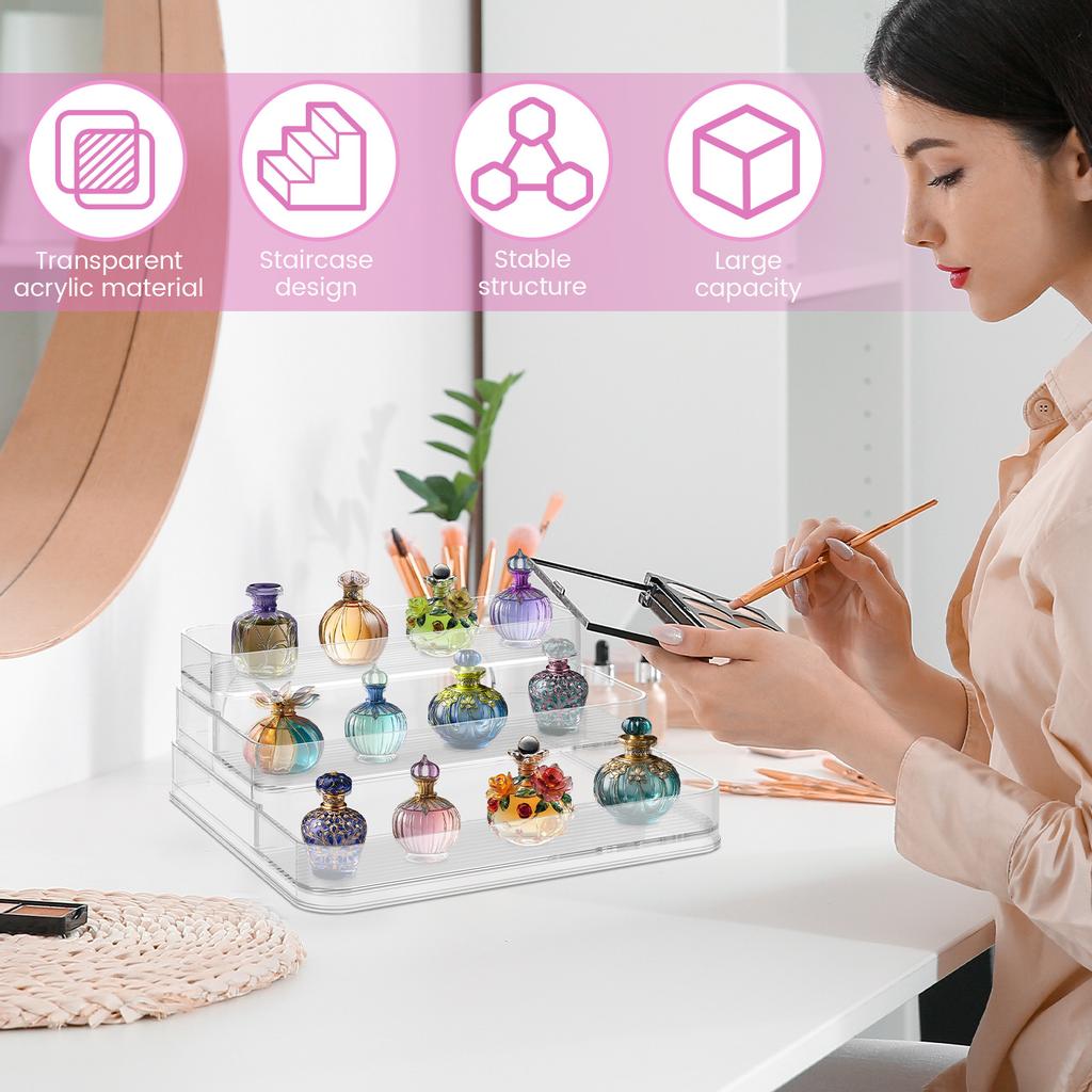 3 Tier Clear Display Riser Stand and 24 Slots Lipstick Organizer Set Acrylic Perfume Display Step Shelf Cosmetics Storage Rack