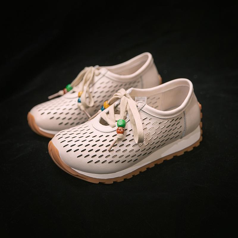 Johnature Genuine Leather Hollow-out Breathable Casual Shoes Lightweight Versatile Lace Up Women's Flat Shoes