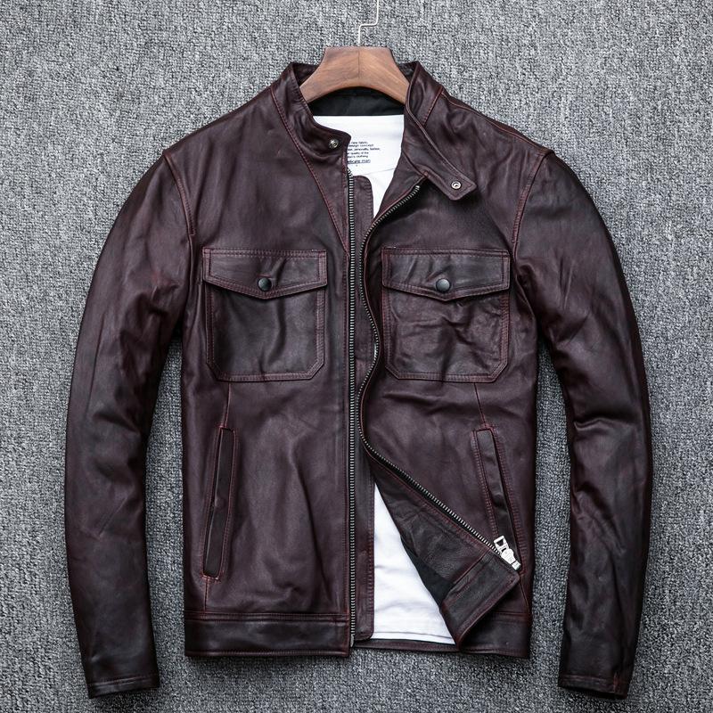 Men's Genuine Leather Jacket Burgundy First Layer Sheepskin Stand Collar Motorcycle Leather Jacket