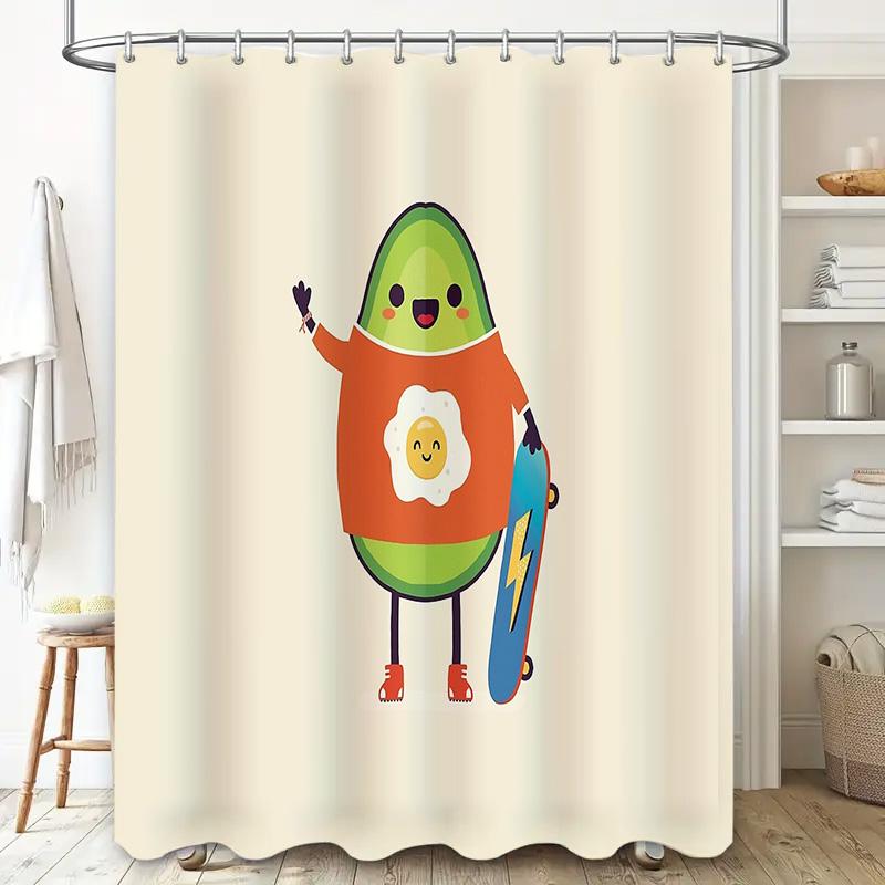 Cute Avocado Skateboard Shower Curtain Hippie Surfer Teen Room Decor Set Waterproof Wall Art Vintage Aesthetic Home Decor