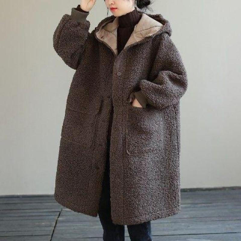 

Толстое зимнее пальто средней длины и длинное новое большого размера свободное из овечьей шерсти уменьшающее возраст с капюшоном утолщенное пальто женское average size [recommended 100-105 kg] кофейный