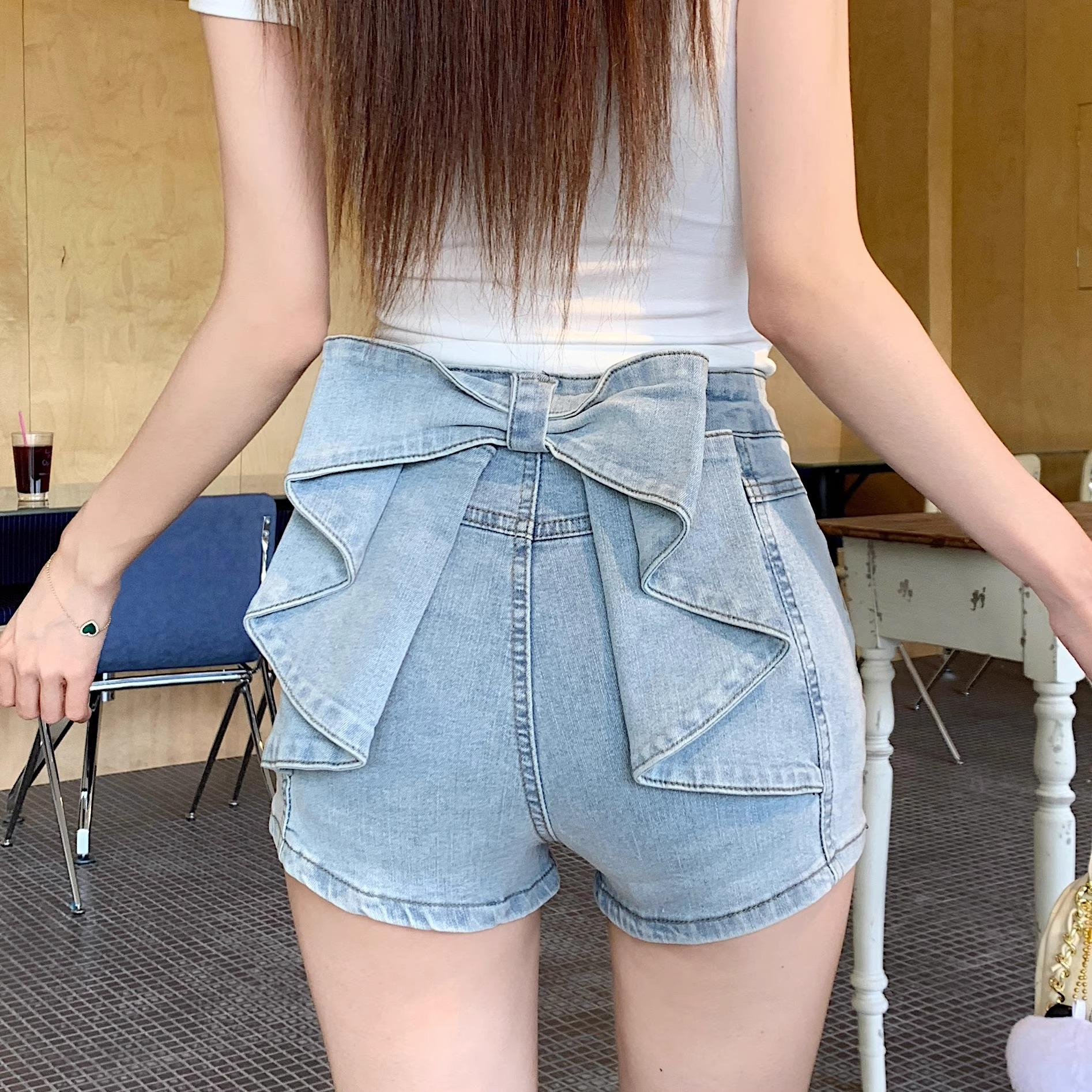 Light Blue Women s Denim Shorts, Bow Detail, Summer Slimming, Leg-Lengthening Hot Pants S
