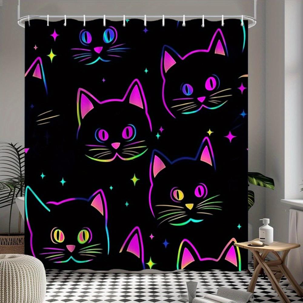 

Cats Shower Curtain Colorful Glowing Cat Faces On Black, Retro Futuristic Art Bath Curtain For Modern Home And Bathroom Decor W60H190(CM)-1 Pcs