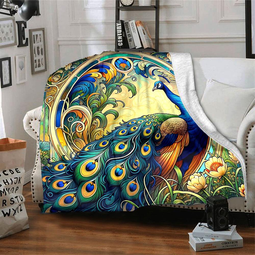 1pc Peacock Garden Lightweight Flannel Blanket, Comfortable and Warm Blanket, for Office and Camping Sofa Bed, Livingroom194