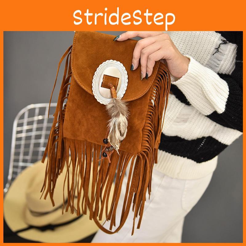 Bohemian Feather Tassel Shoulder Bag With Polyester Lining For Casual Outings