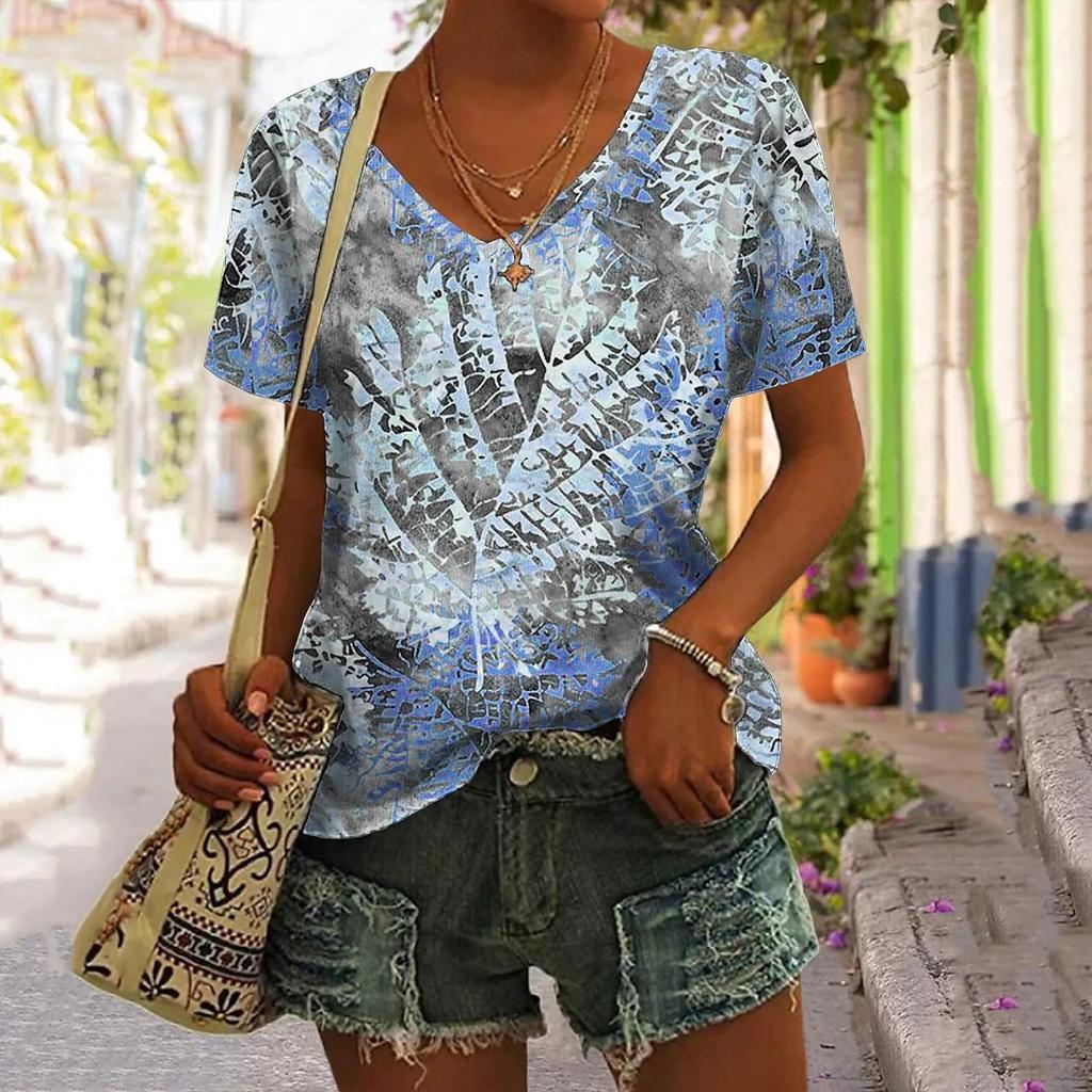 S-8XL Plus Size Women T Shirt 3d Flower Print V-neck Short Sleeve Tees Tops Summer Fashion Pullover T-shirts For Women Clothing