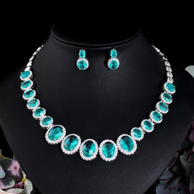 Popular Aquamarine Bridal Banquet Necklace Earrings Two-Piece Set Micro-Set Zircon Jewelry Earrings Set Chain