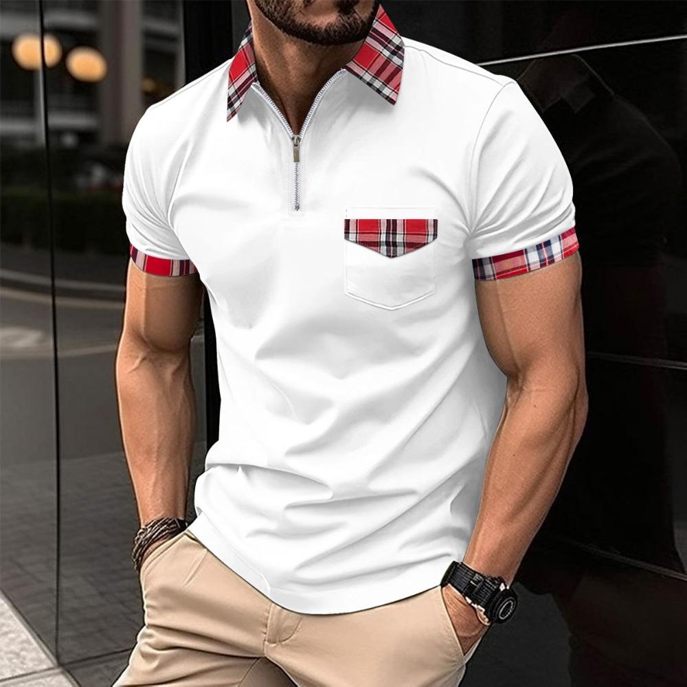 Men's summer casual T-shirts, checked polo shirts, zipped-pocket polo shirts, men's sports polo shirts
