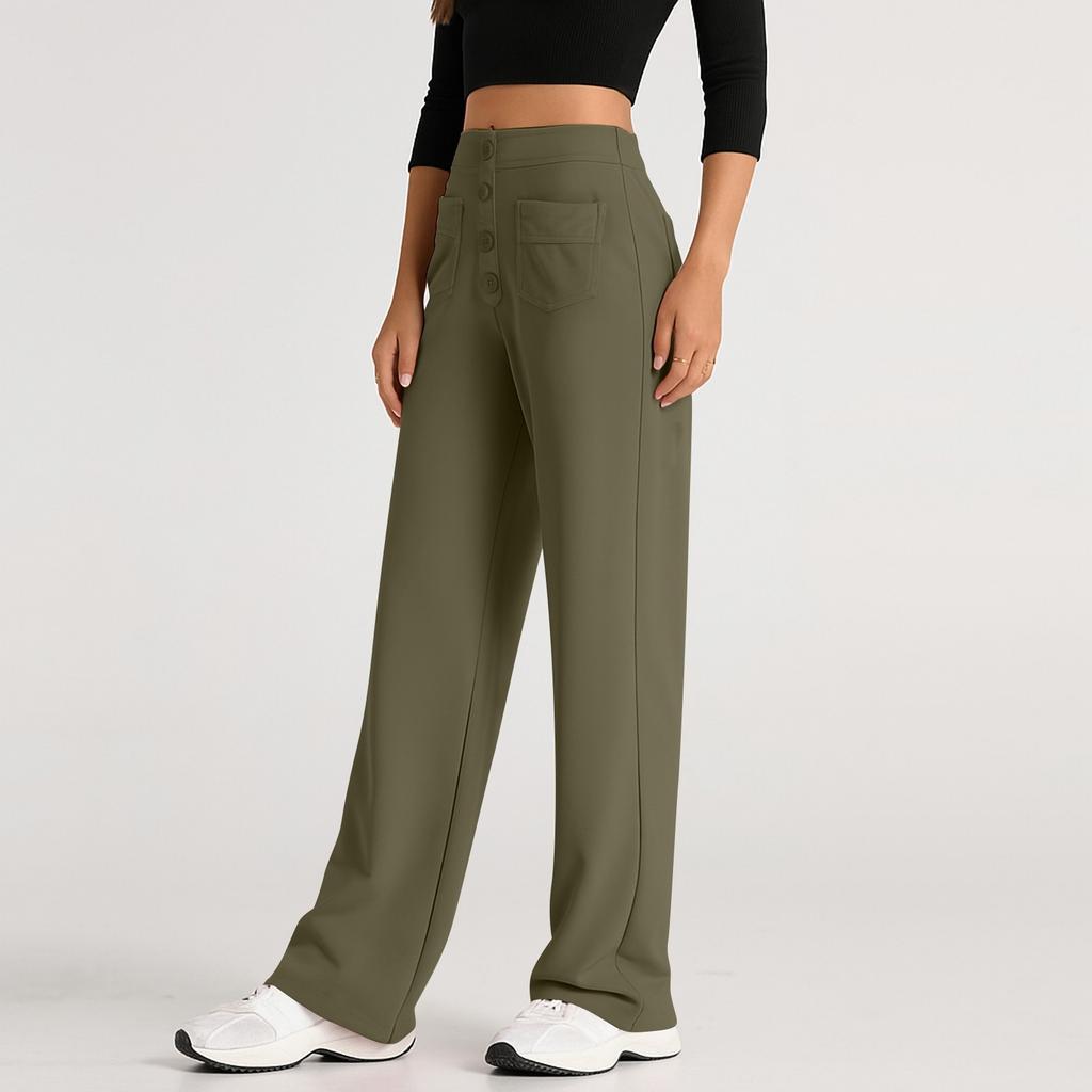 Women's Fashionable Solid Color Straight Leg Pants With High Waist Button Pockets And Elastic Waist Casual Pants