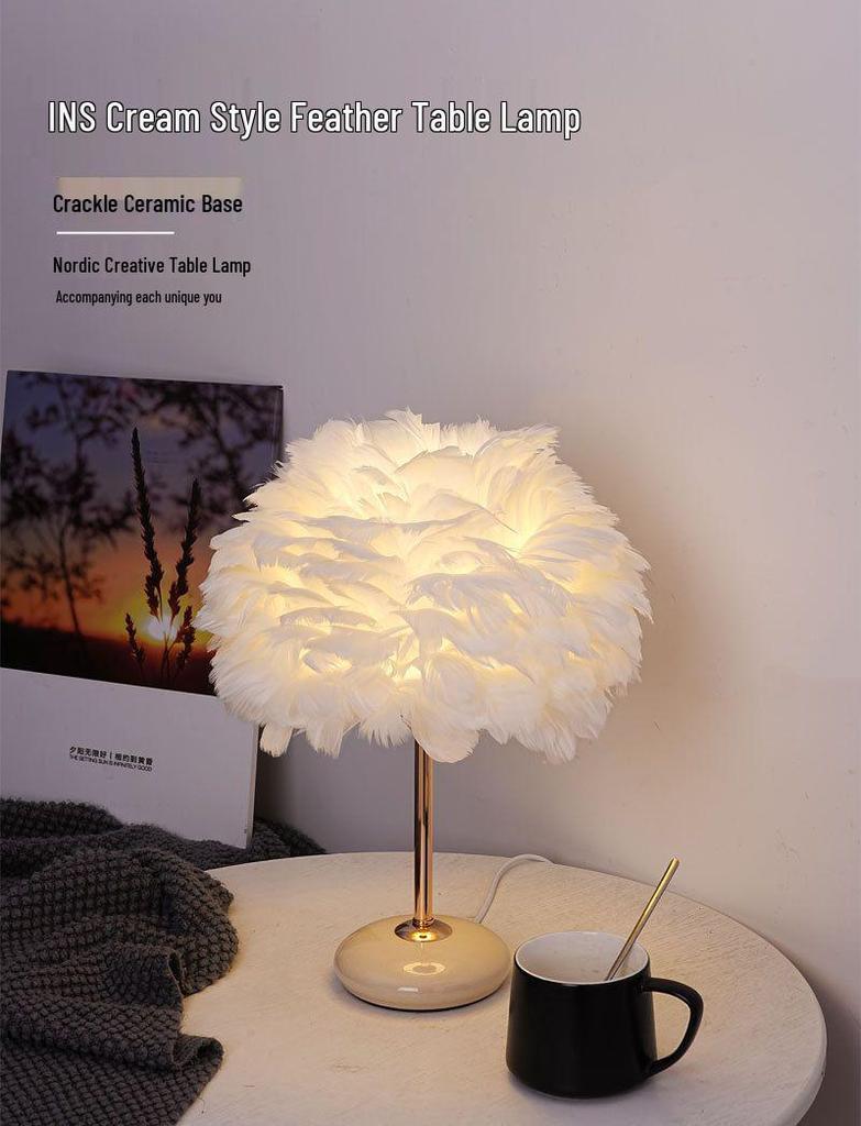 Crackle Ceramic Feather Table Lamp - Handmade Luxury Home Decor, Romantic Warm Light for Bedroom.