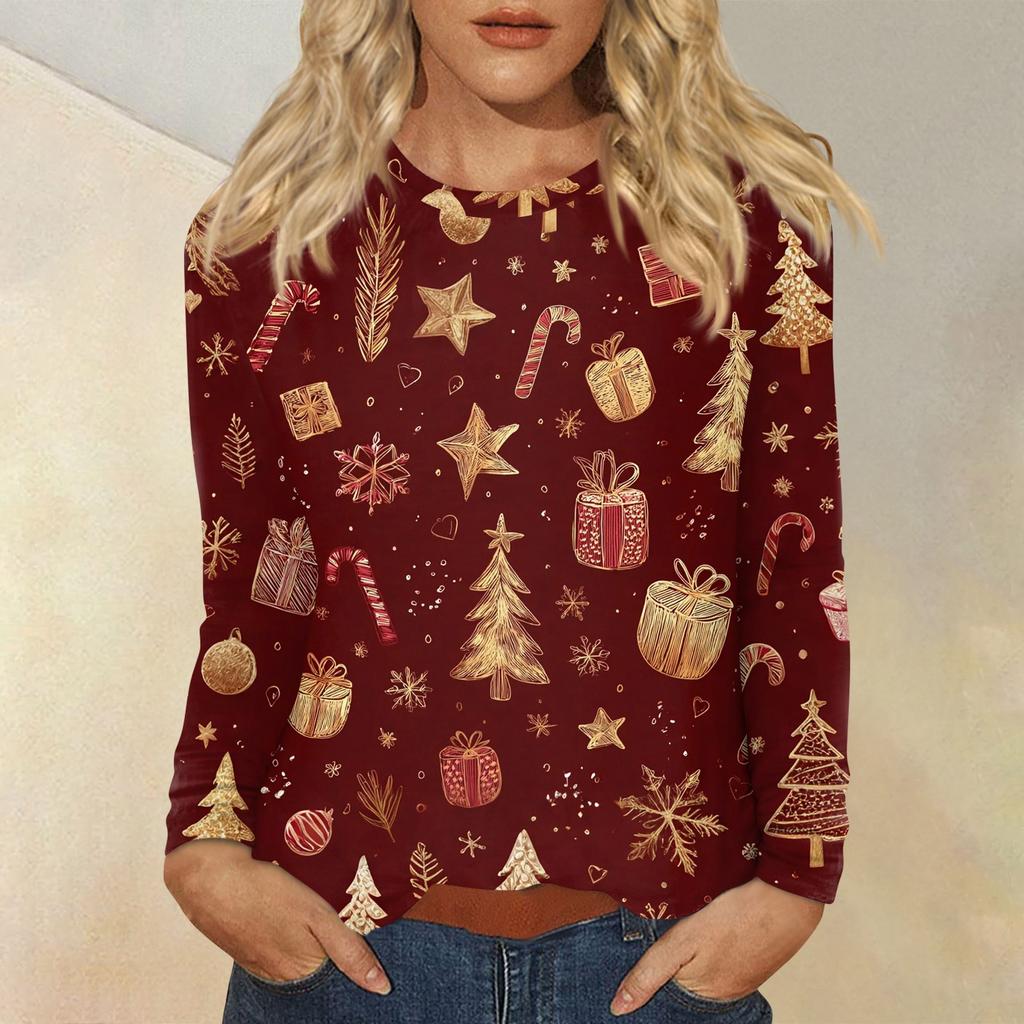 Women's Fashion Casual Christmas Printed Round Neck Long Sleeve Pullover Top