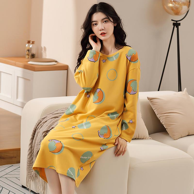 Pajamas Ladies Spring And Autumn Cotton Long Sleeves Cartoon Loose Large Size Long Dress Knee Dress Cute Pajamas Autumn Styles