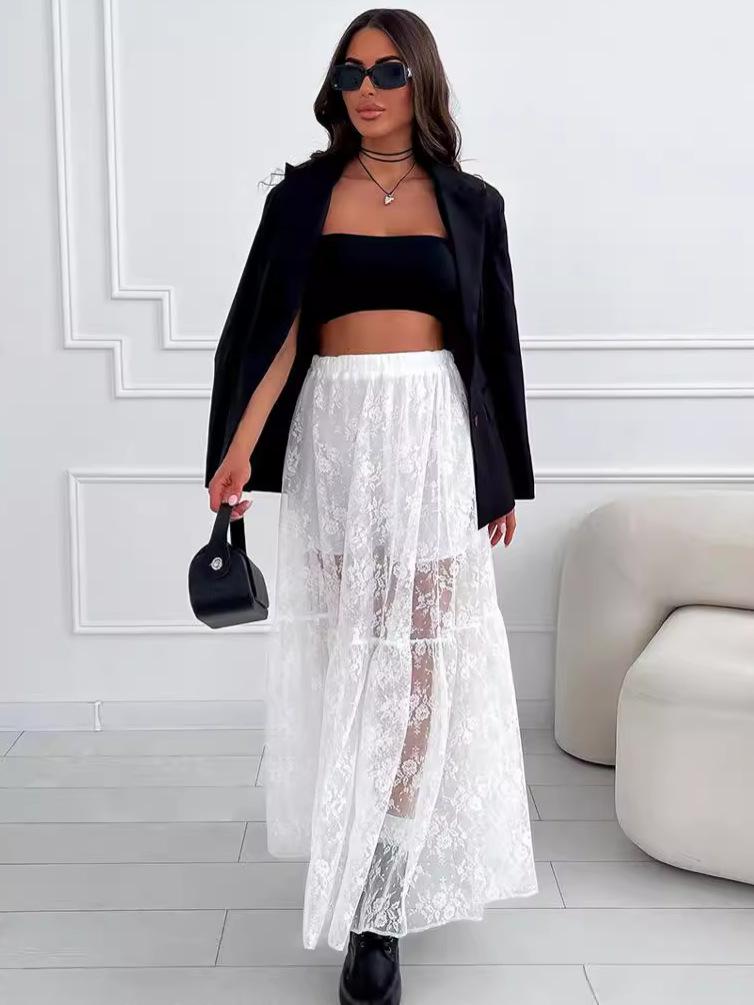 Elegant Sheer Lace A-Line Midi Skirt, Sizes S-5XL, European and American Style Fashion Skirt for Women