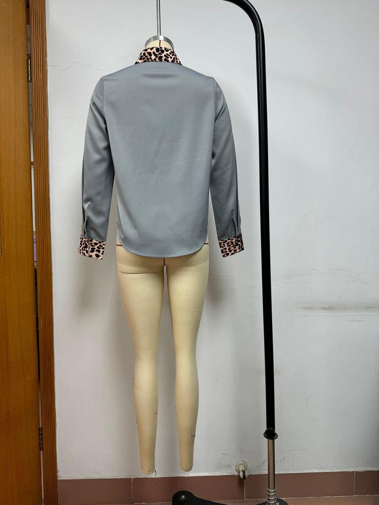 Women's Leopard Print Patchwork Satin Blouse - Slimming Long Sleeve Round Neck for Spring/Autumn