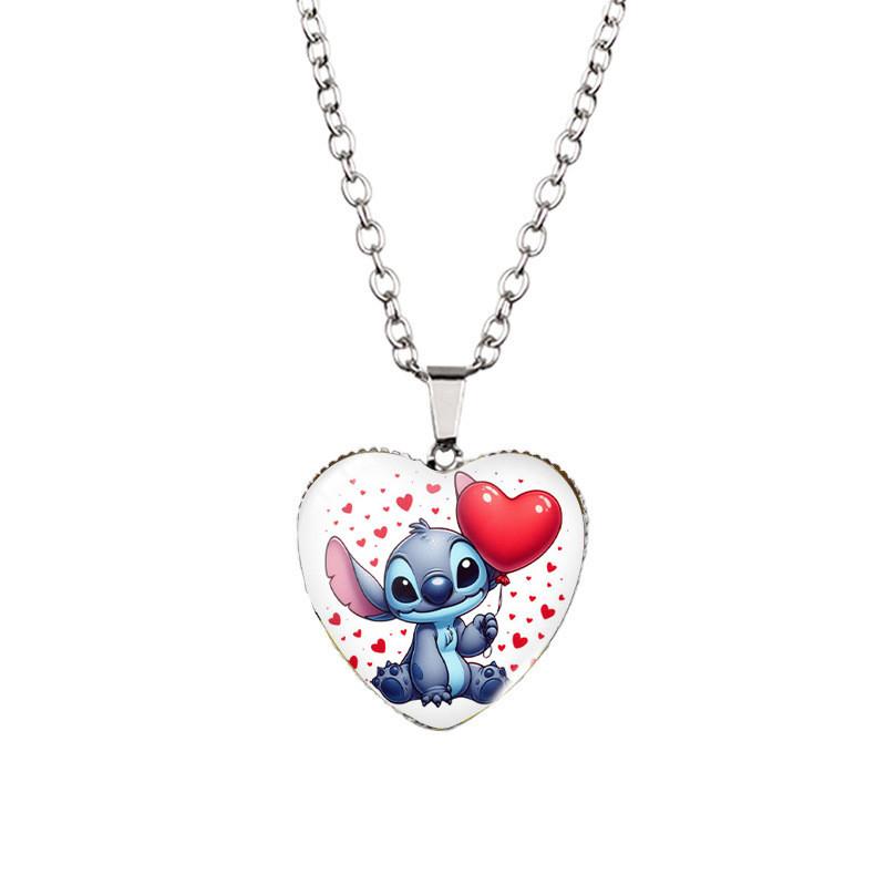 Adorable Stitch Cartoon Heart Necklace For Kids With Stunning Glass Pendant And Alloy Chain
