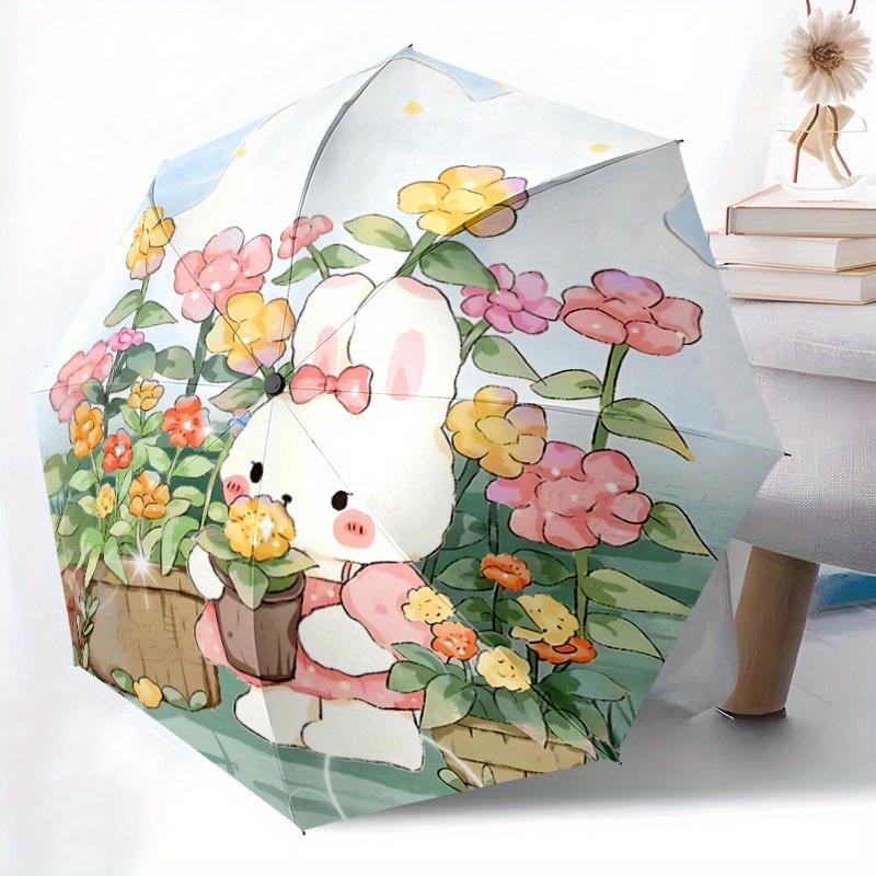 1pc Bunny in the Garden Automatic Opening and Closing Fashion Umbrella - Small Umbrella Suitable for Various Occasions, Portable 3-Fold Small Umbrella